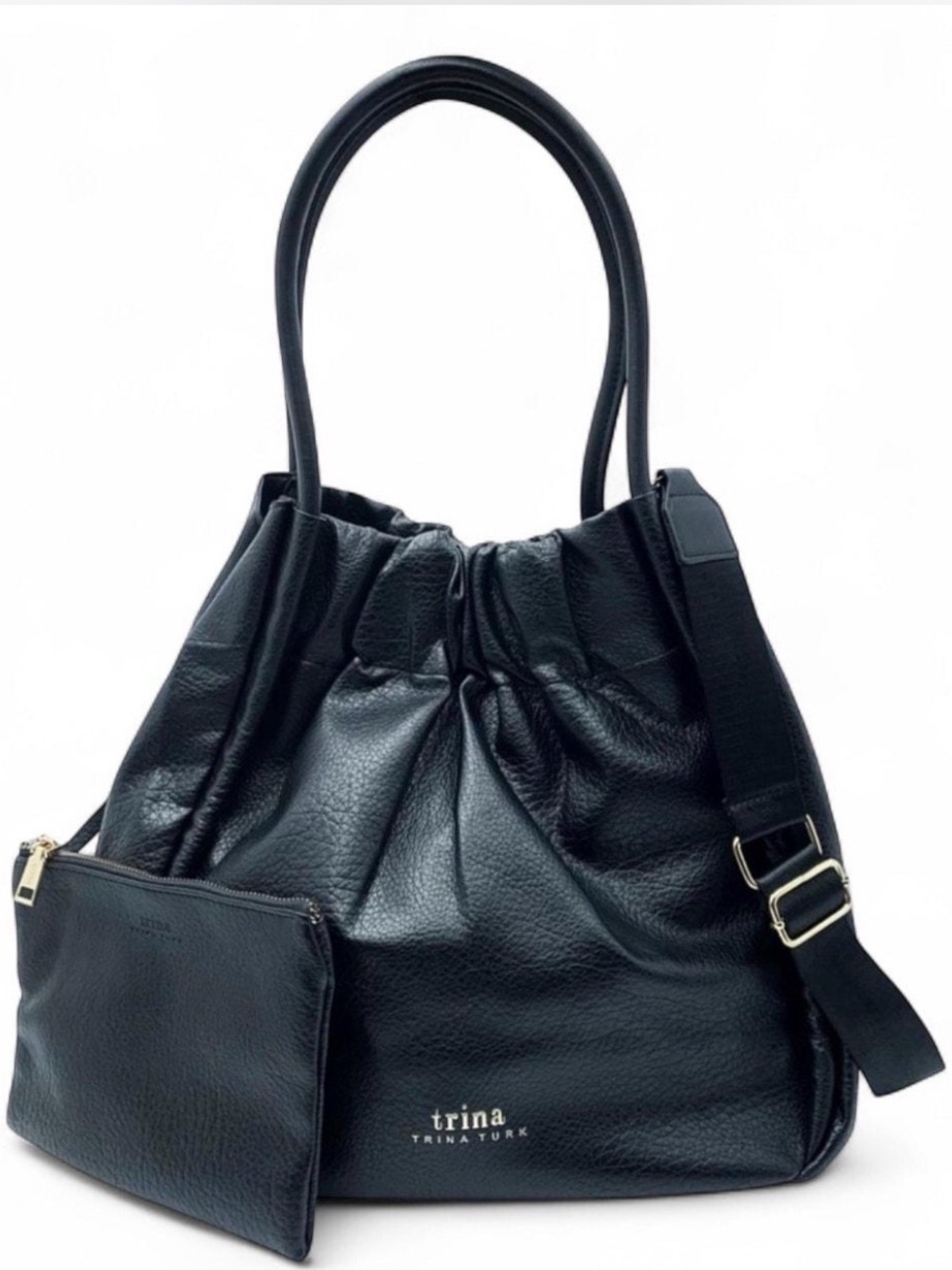 $148 NWT Trina Turk Black Pebbled Leather Drawstring Shoulder Bag with Pouch